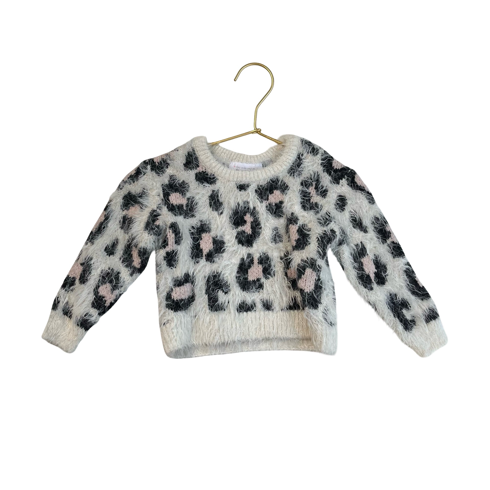 Children's Place Fuzzy Ivory, Pink, Black Leopard Print Sweater - Size