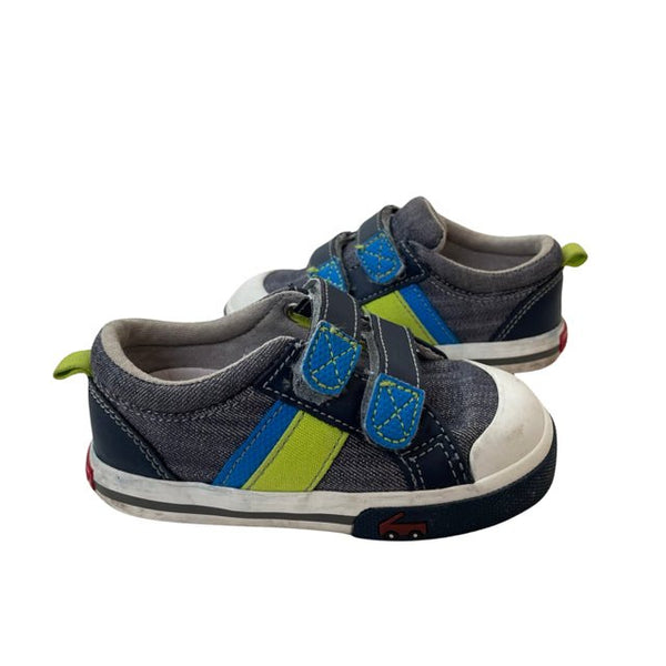See Kai Run Navy & Lime Stripe Velcro Sneakers - Size 7 - Bounce Mkt
