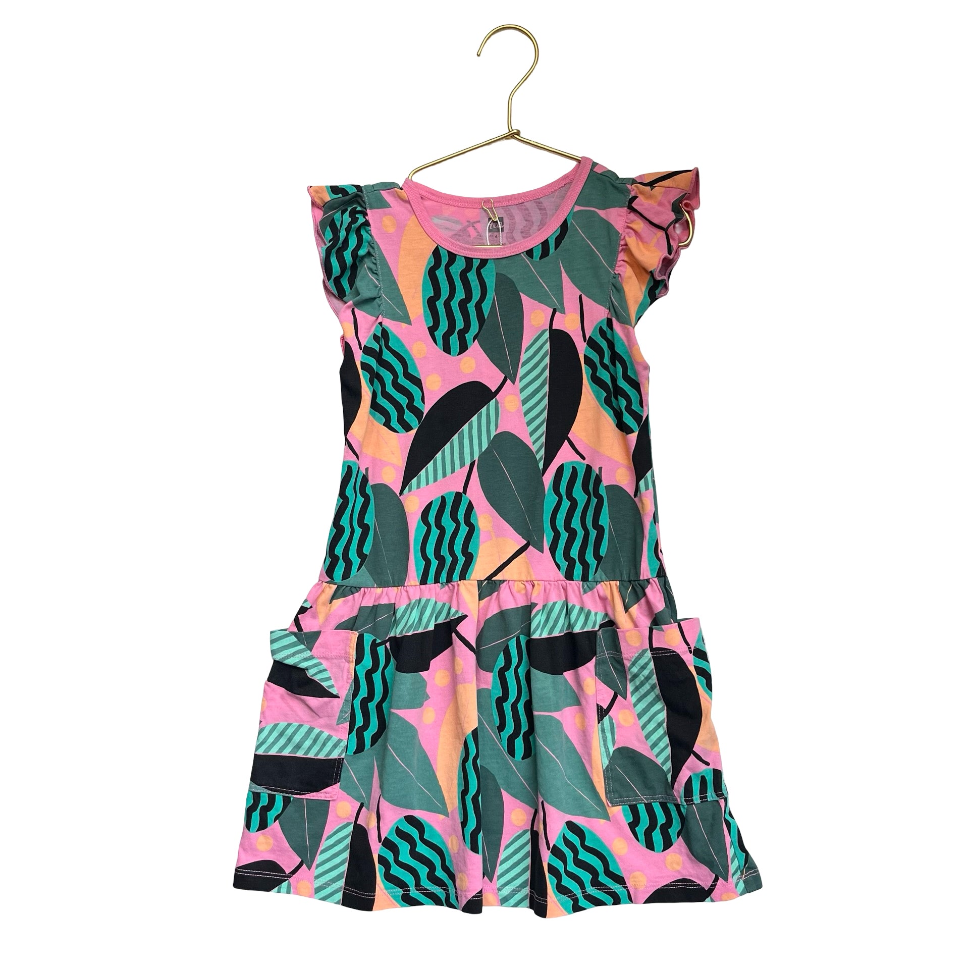 Tea Collection Pink, Green, Black Leaf Print Dress - Size 6