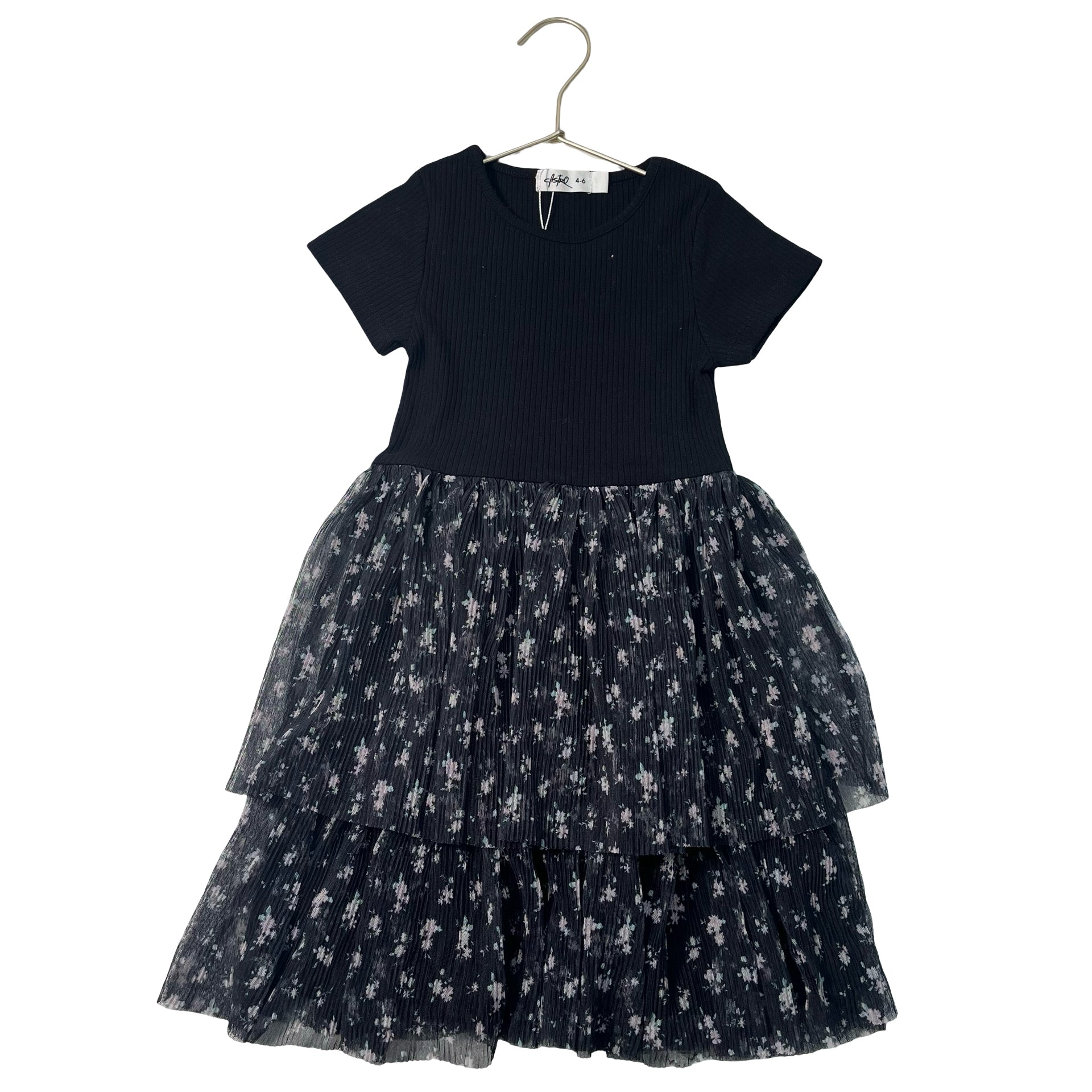 Castro Black Ribbed & Floral Pleated Tulle Dress - Size 4-6
