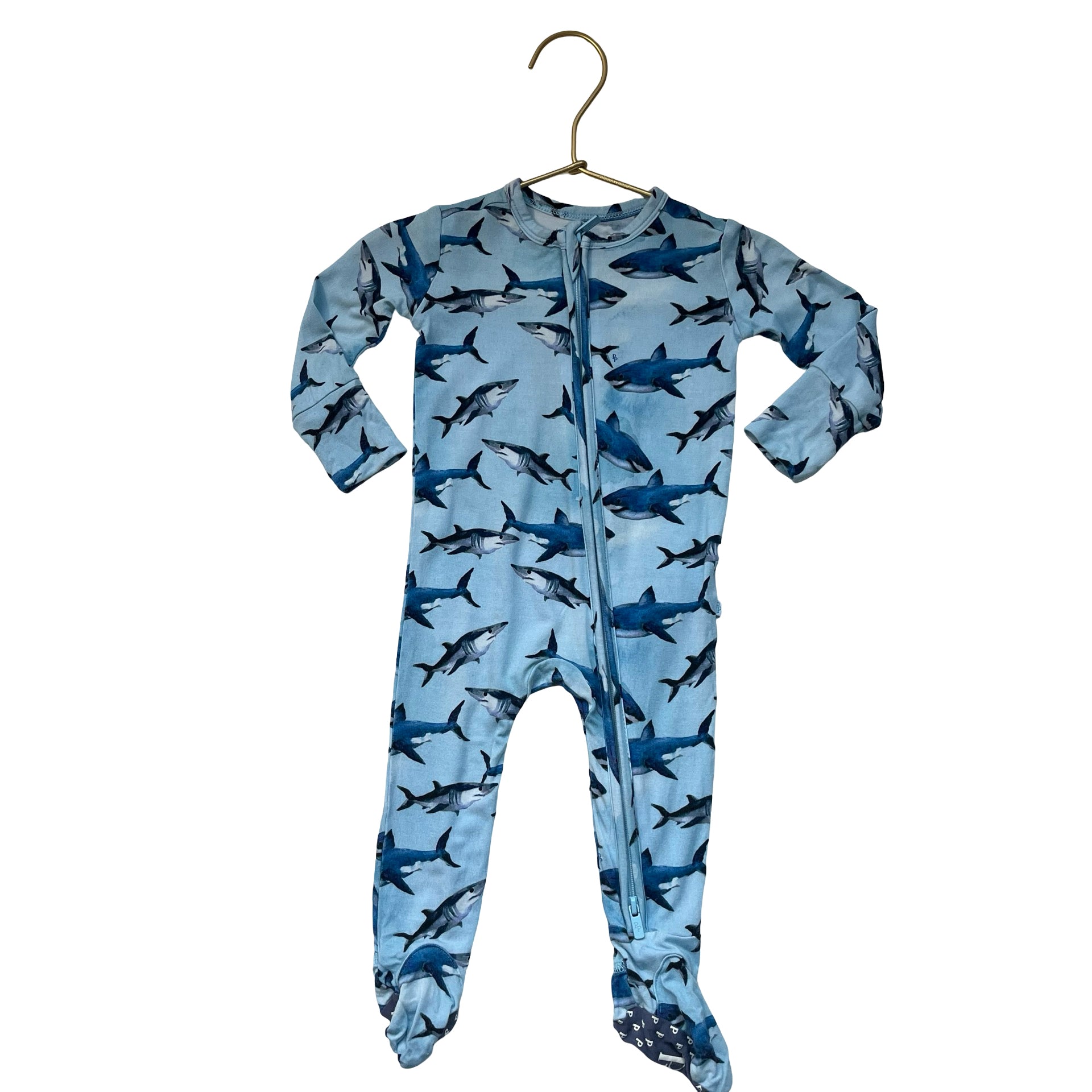 Posh Peanut Light Blue Shark Print Footed One-Piece PJs - Size 3-6 Mo