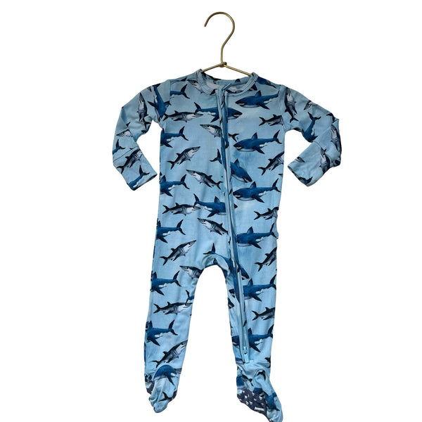 Posh Peanut Light Blue Shark Print Footed One-Piece PJs - Size 3-6 Mo