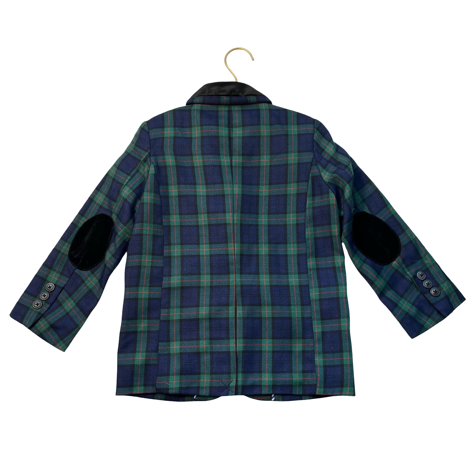Cat & Jack Navy & Green Tartan Plaid Blazer, Black Velvet Trim - Size XS 4-5