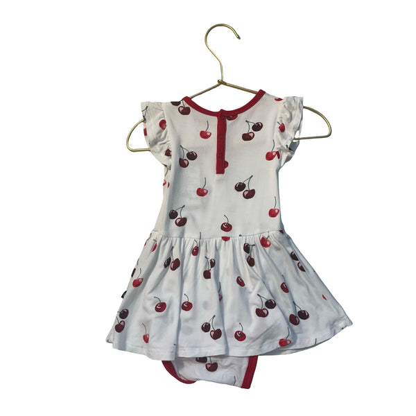 Kyte White & Red Cherry Print Bodysuit Dress - Size 12-18 Mo