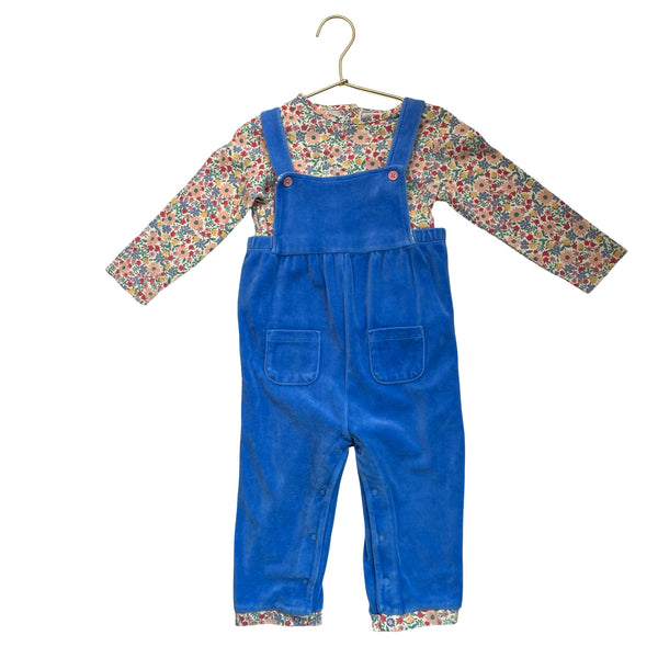 Baby Boden Blue Velour Overalls & Flower Top Set - Size 18-24 Mo