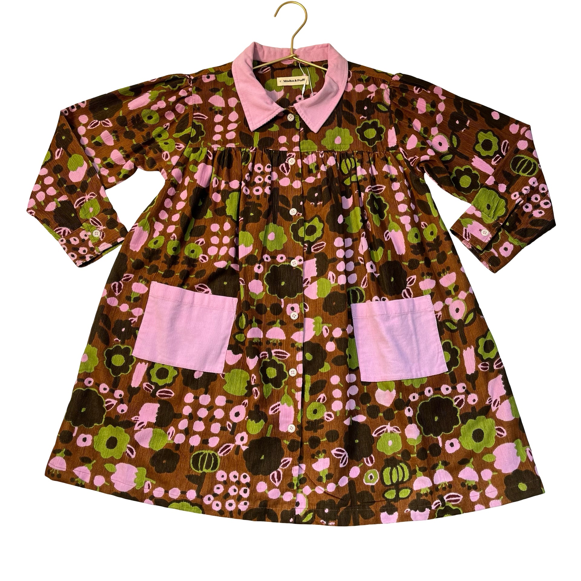 Misha & Puff Brown, Pink, Green Flower Print Corduroy Dress - Size 8Y