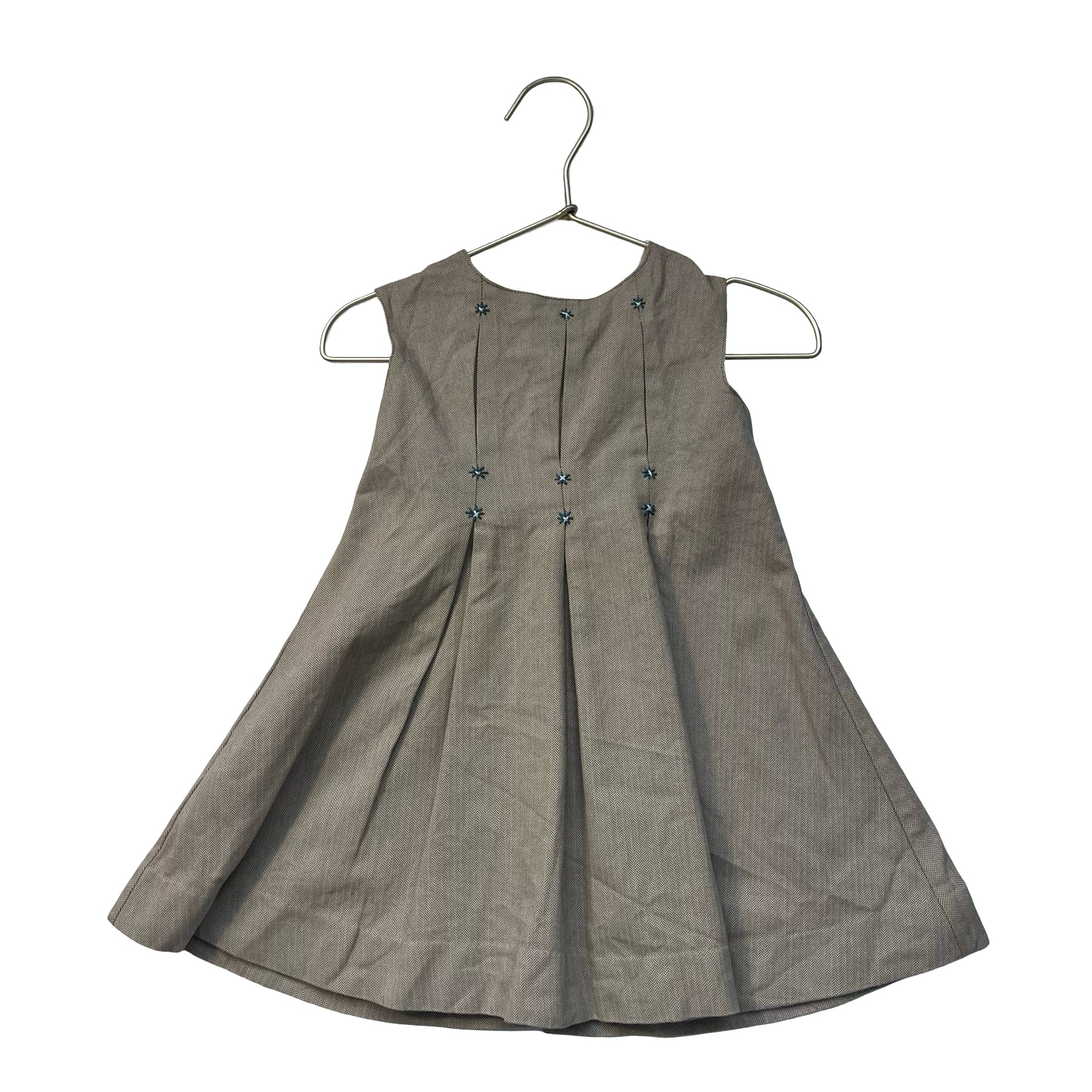 Jacadi Tan Herringbone Embroidered Flower Dress - Size 2Y