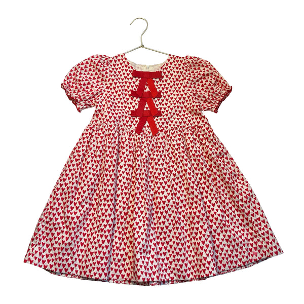 Pink Chicken Ivory & Red Heart Print Dress, Red Bows - Size 6Y