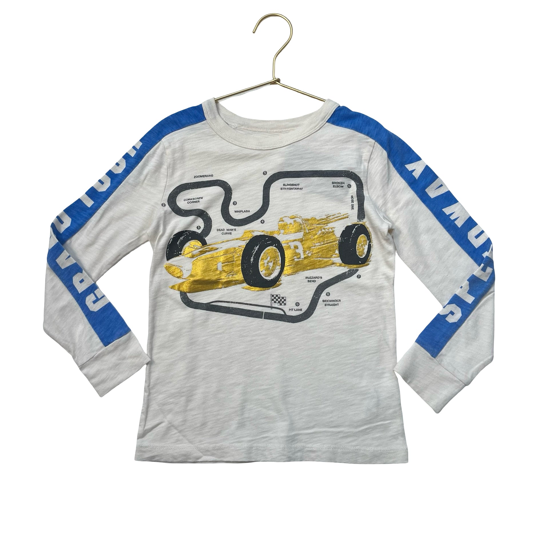 Crewcuts Ivory, Blue, Gold Race Car Graphic Shirt - Size 4-5