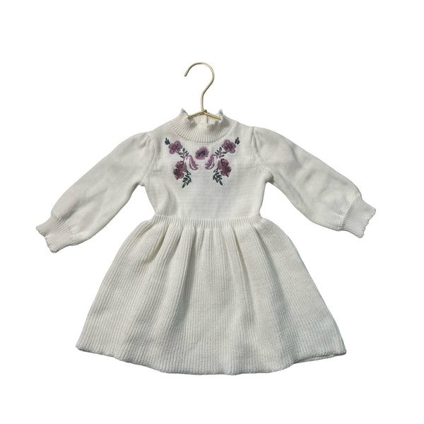 Janie and Jack Ivory Embroidered Flower Sweater Dress - Size 6-12 Mo