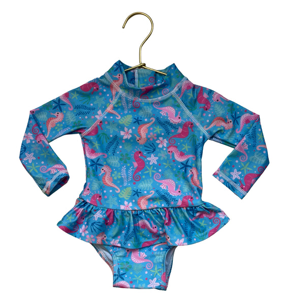 Flap Happy Blue Seahorse Print Swim Suit - Size 6 Mo