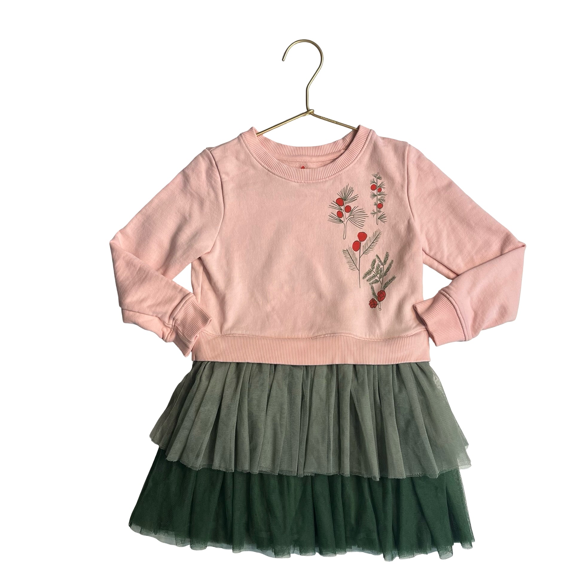 Piccolina Evergreen Graphic Pink Sweatshirt & Green Tulle Dress - Size 4T