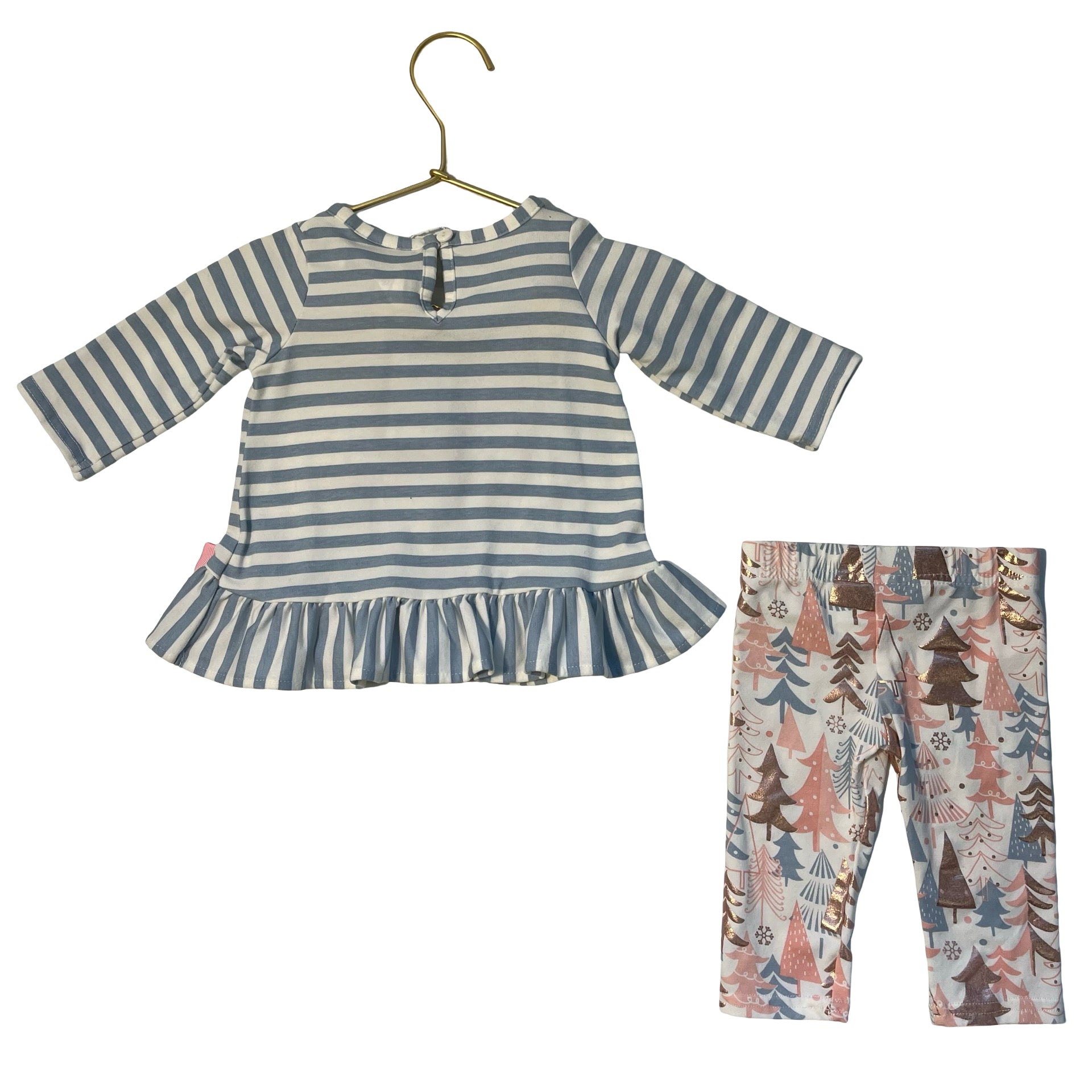 Rare Editions Light Blue & Pink Christmas Tree Top & Leggings Set - Size 3-6 Mo