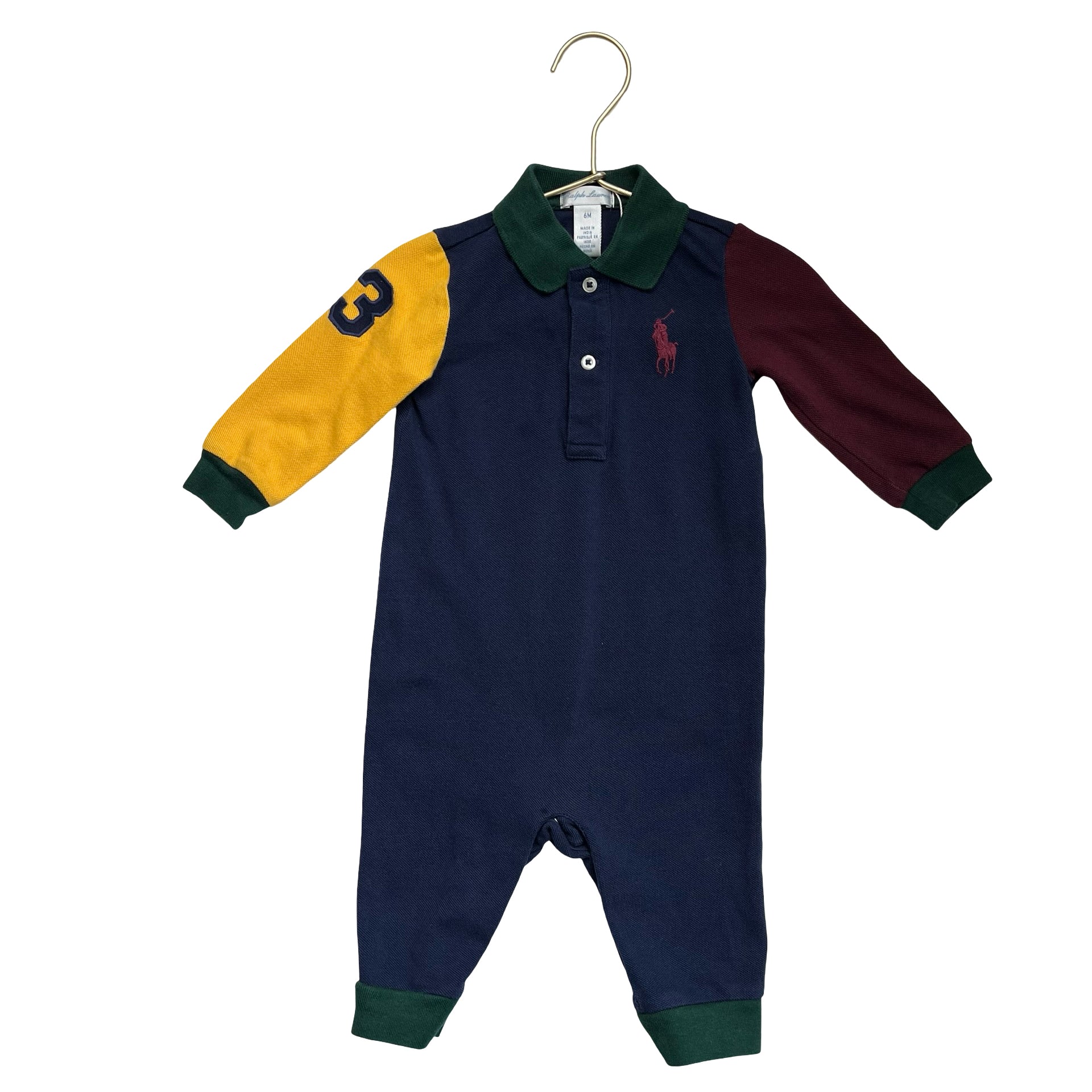 Ralph Lauren Navy, Green, Maroon, Yellow Color Block Polo One-Piece - Size 6 Mo
