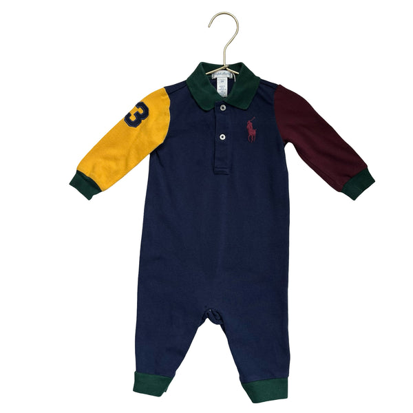 Ralph Lauren Navy, Green, Maroon, Yellow Color Block Polo One-Piece - Size 6 Mo