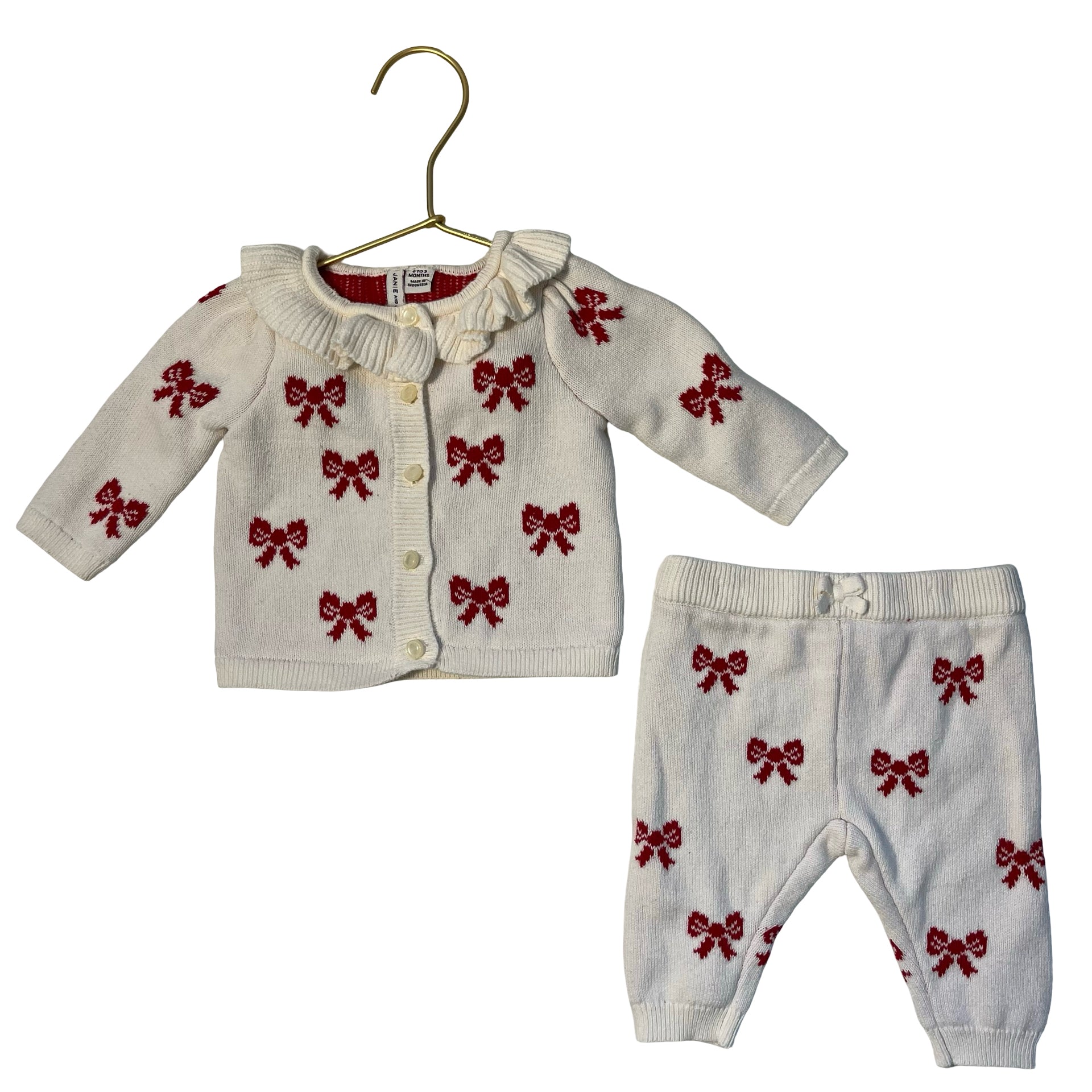 Janie and Jack White & Red Bow Pattern Cotton Cardigan & Joggers Set - 0-3 Mo