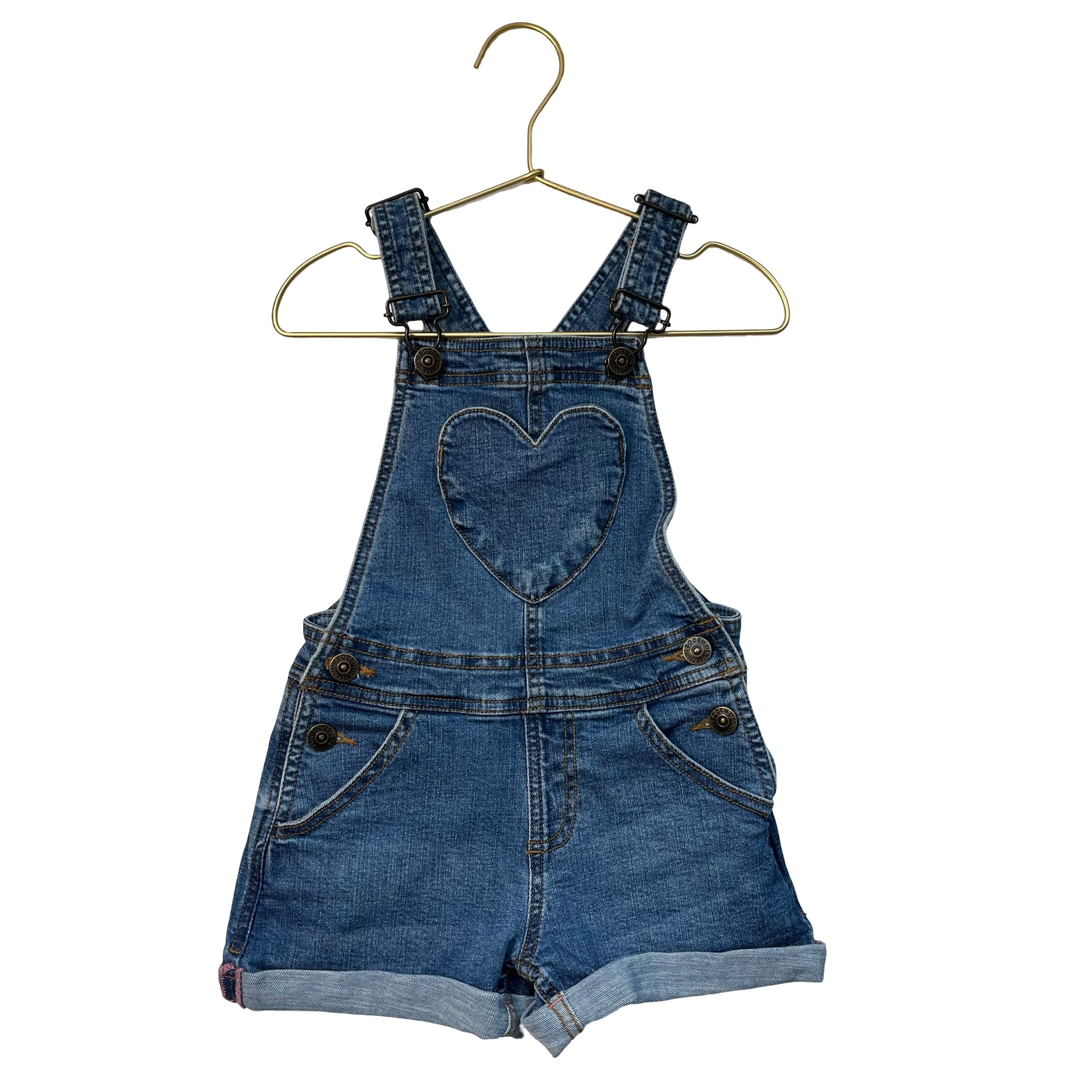 Mini Boden Denim Heart Pocket Shortalls - Size 2-3Y