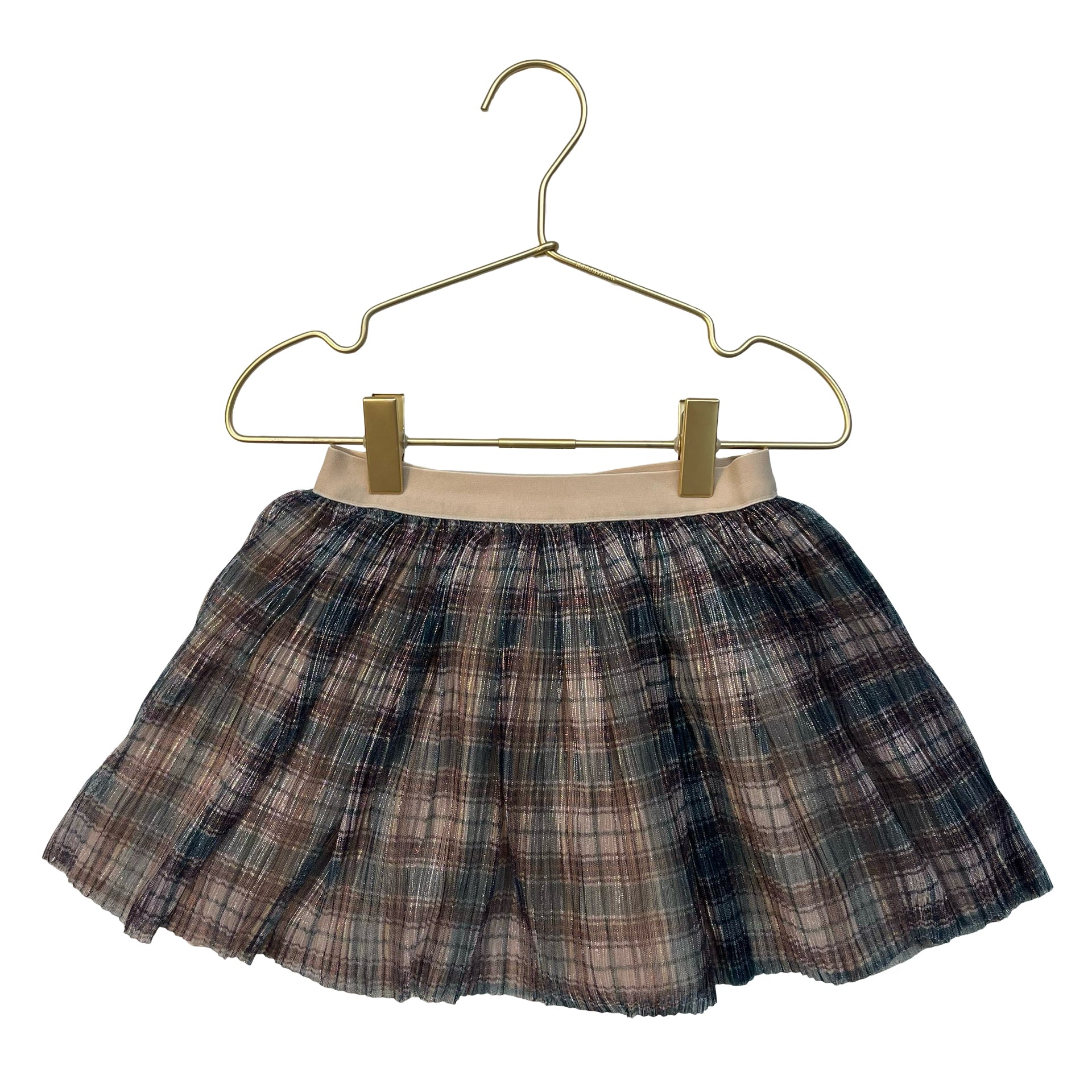 Mayoral Tan, Green, Yellow Plaid Metallic Tulle Pleated Skirt - Size 4