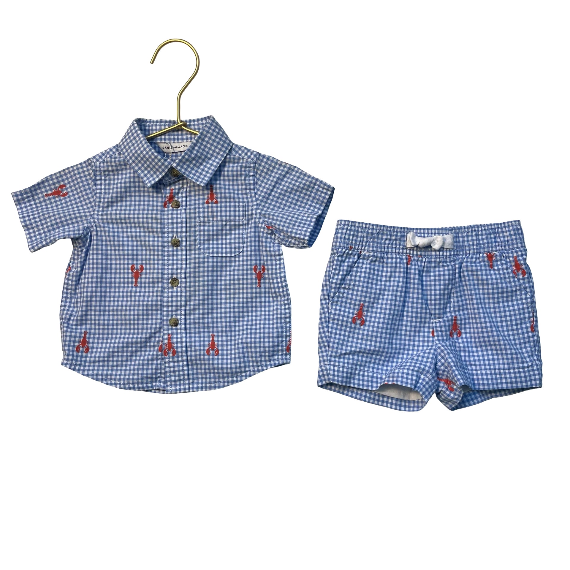 Janie and Jack Blue Check Lobster Print Shorts & Button Down Set - Size 0-3 Mo
