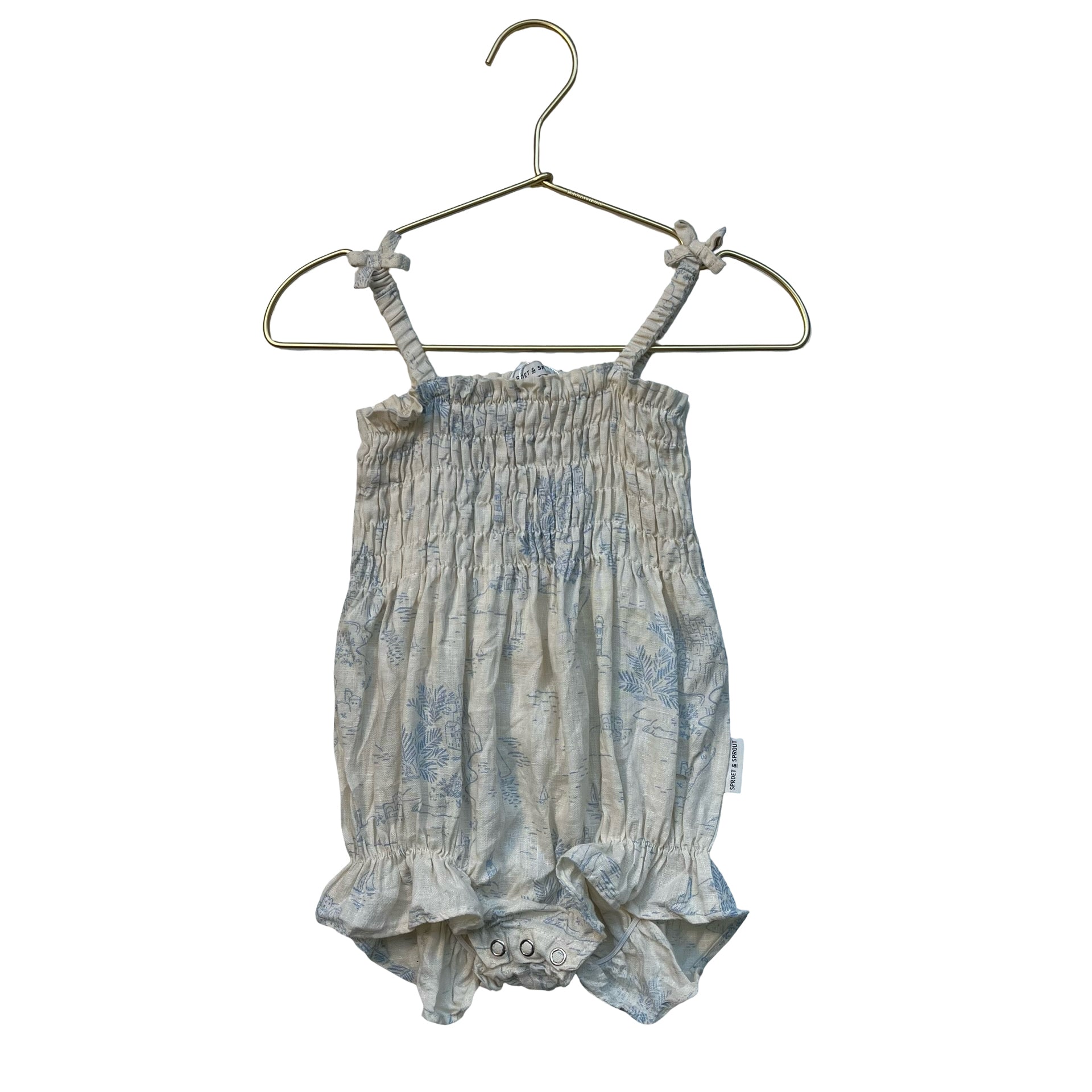 Sproet & Sprout Ivory & Light Blue Toile 100% Linen Bubble Romper - Size 12 Mo