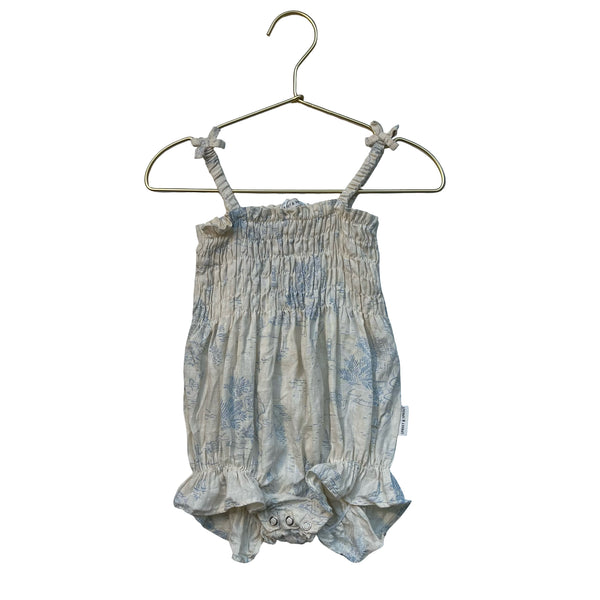 Sproet & Sprout Ivory & Light Blue Toile 100% Linen Bubble Romper - Size 12 Mo