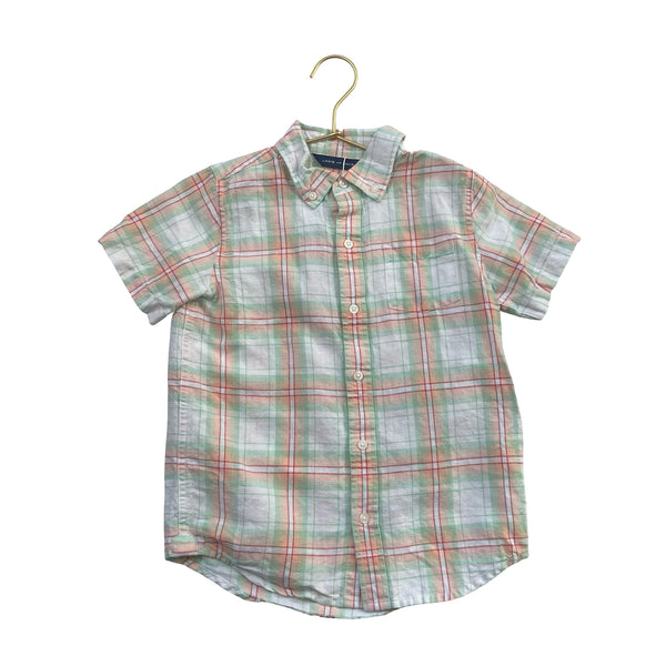 Janie and Jack Ivory, Green, Peach & Red Plaid Linen-Blend Shirt - Size 6