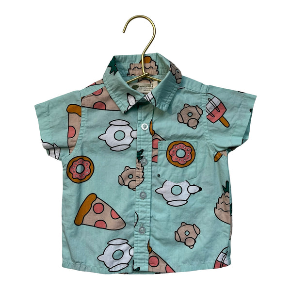 Monica + Andy Teal Food Print Button Down Shirt - Size 9-12 Mo