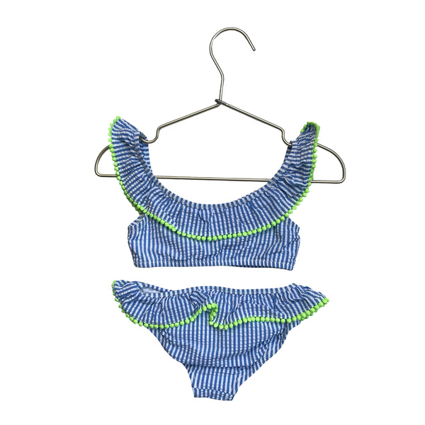Crewcuts Blue & White Striped Seersucker Bikini Swim Suit, Neon Green Trim - 3