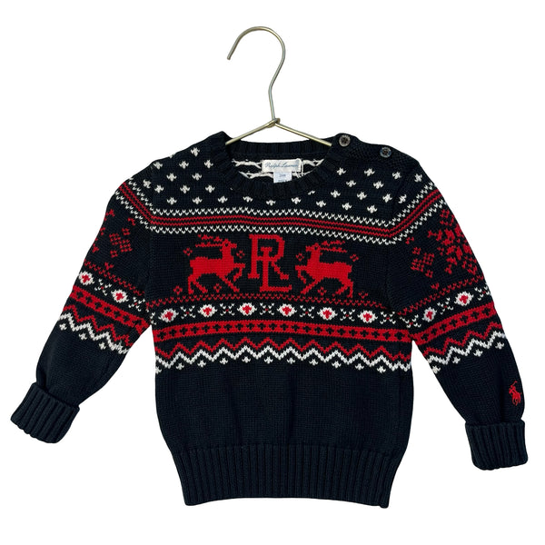 Ralph Lauren Black, Red, White Cotton 'RL' Reindeer Sweater - Size 24 Mo