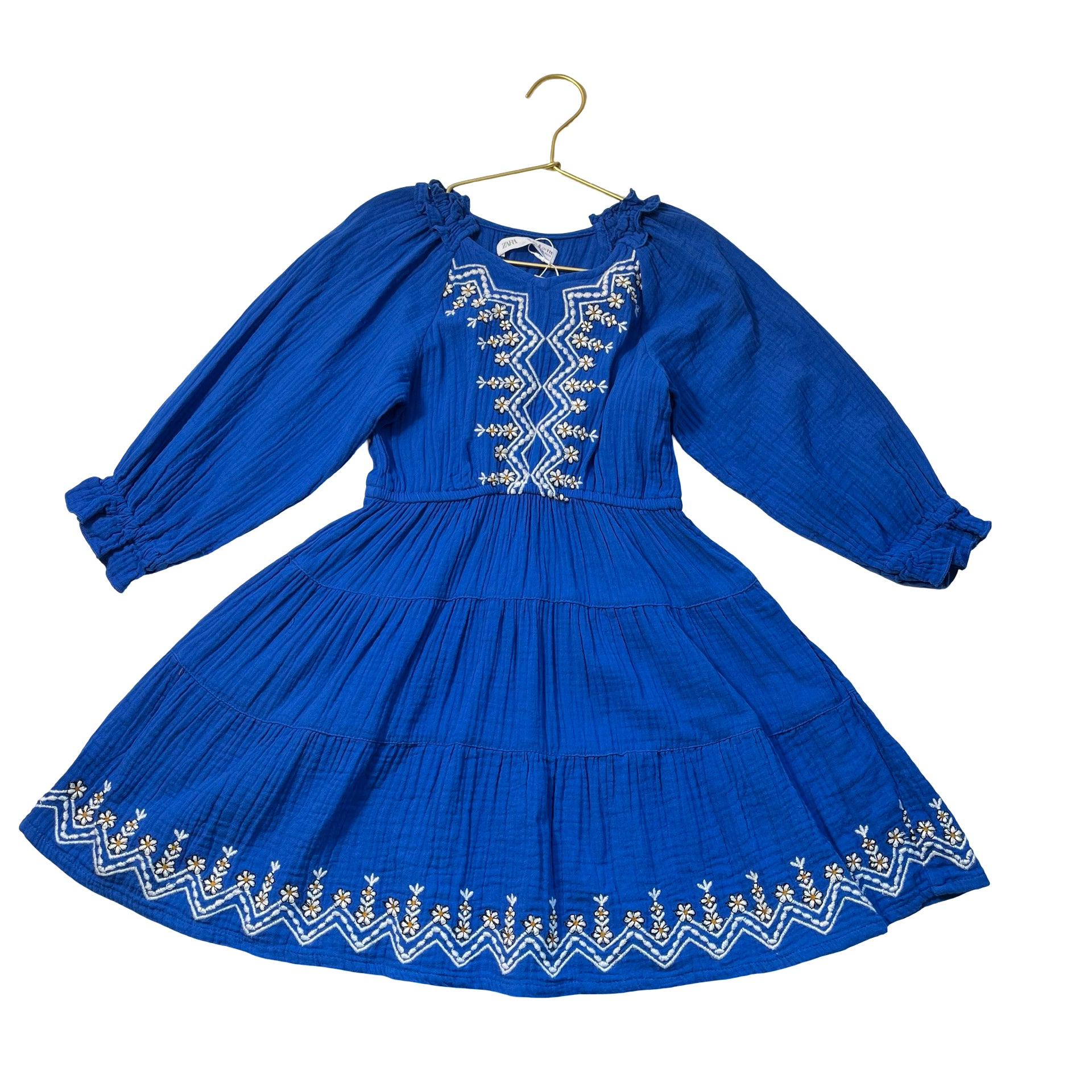 Zara Blue Cotton Gauze Embroidered Dress - Size 6