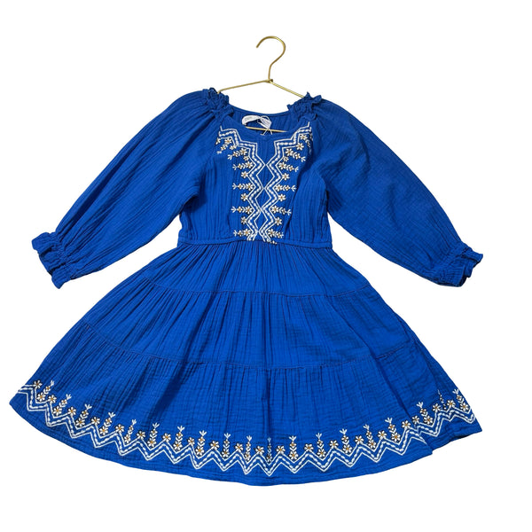 Zara Blue Cotton Gauze Embroidered Dress - Size 6
