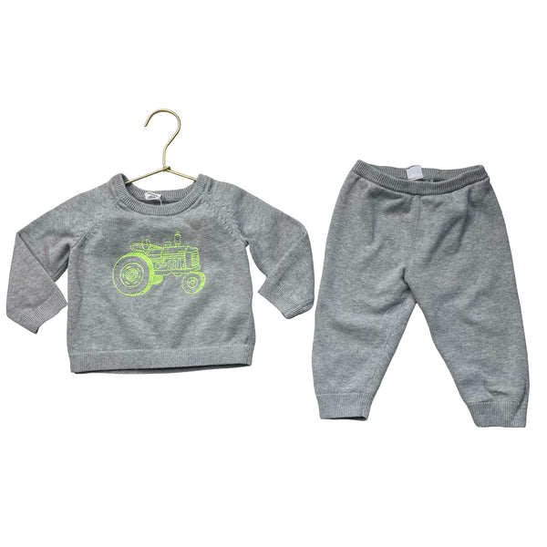 Baby Gap Gray Cotton Tractor Sweater & Knit Joggers Set - Size 12-18 Mo