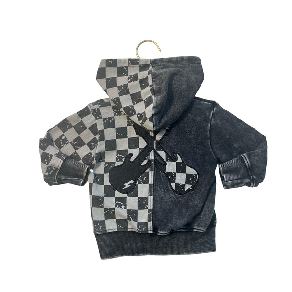 Little Mish Dark Gray Check & Guitar Zip-Up Hooded Sweatshirt - Size 12 Mo