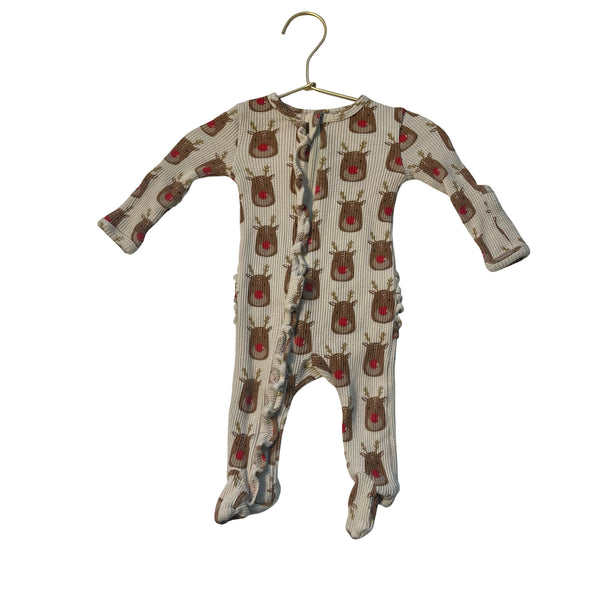 Spearmint Love Ivory Waffle Reindeer Footed One-Piece - Size 0-3 Mo