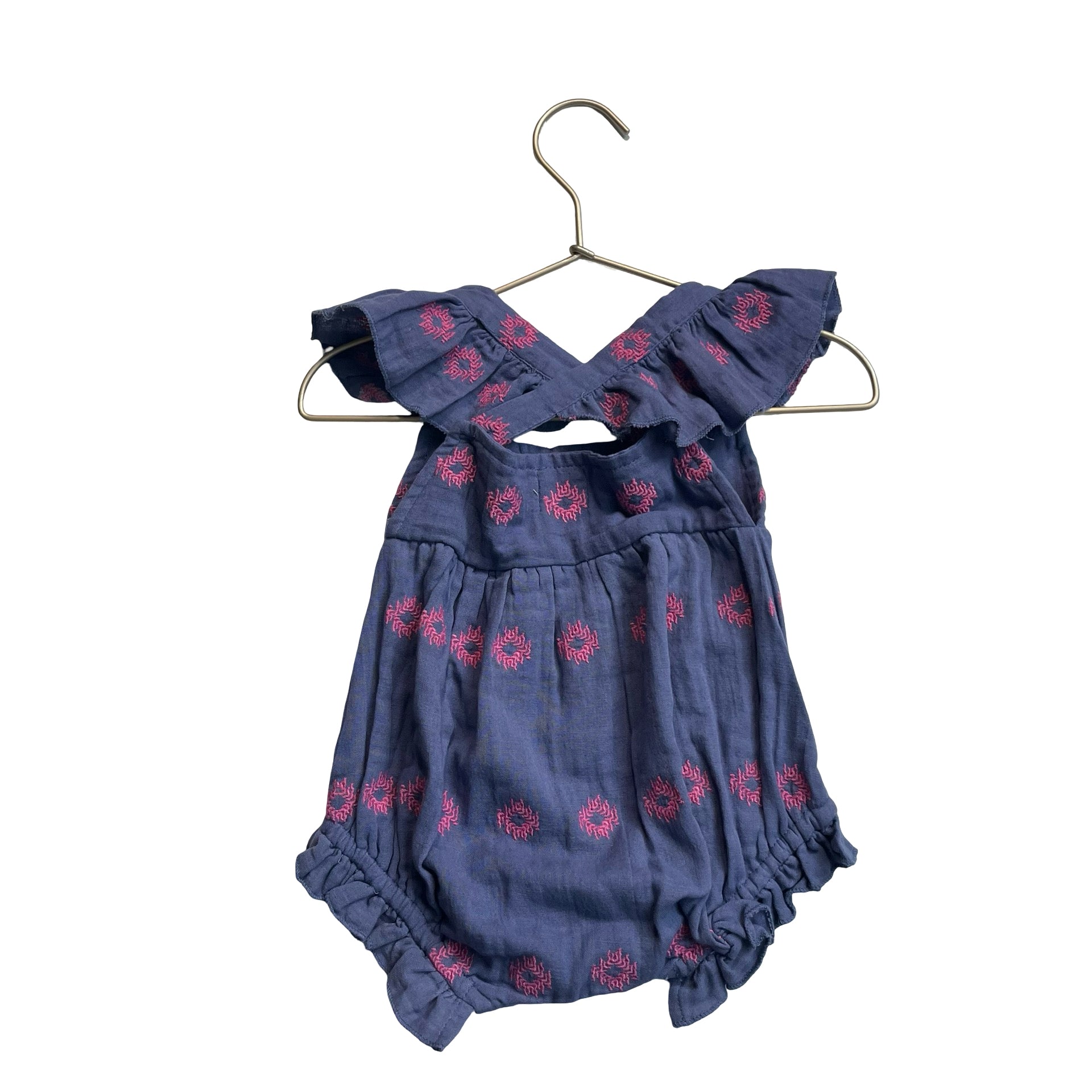 Mer St. Barth Plum & Pink Embroidered Overall Bubble Romper - Size 6-12 Mo