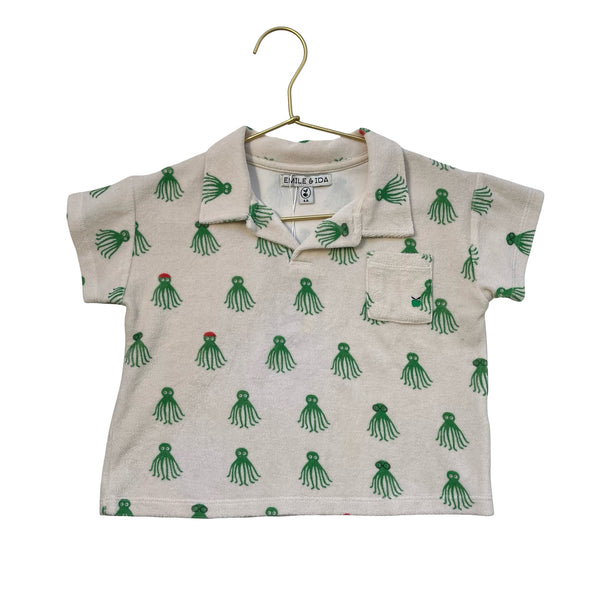 Emile et Ida Ivory & Green Octopus Print Terry Polo Shirt - Size 4A