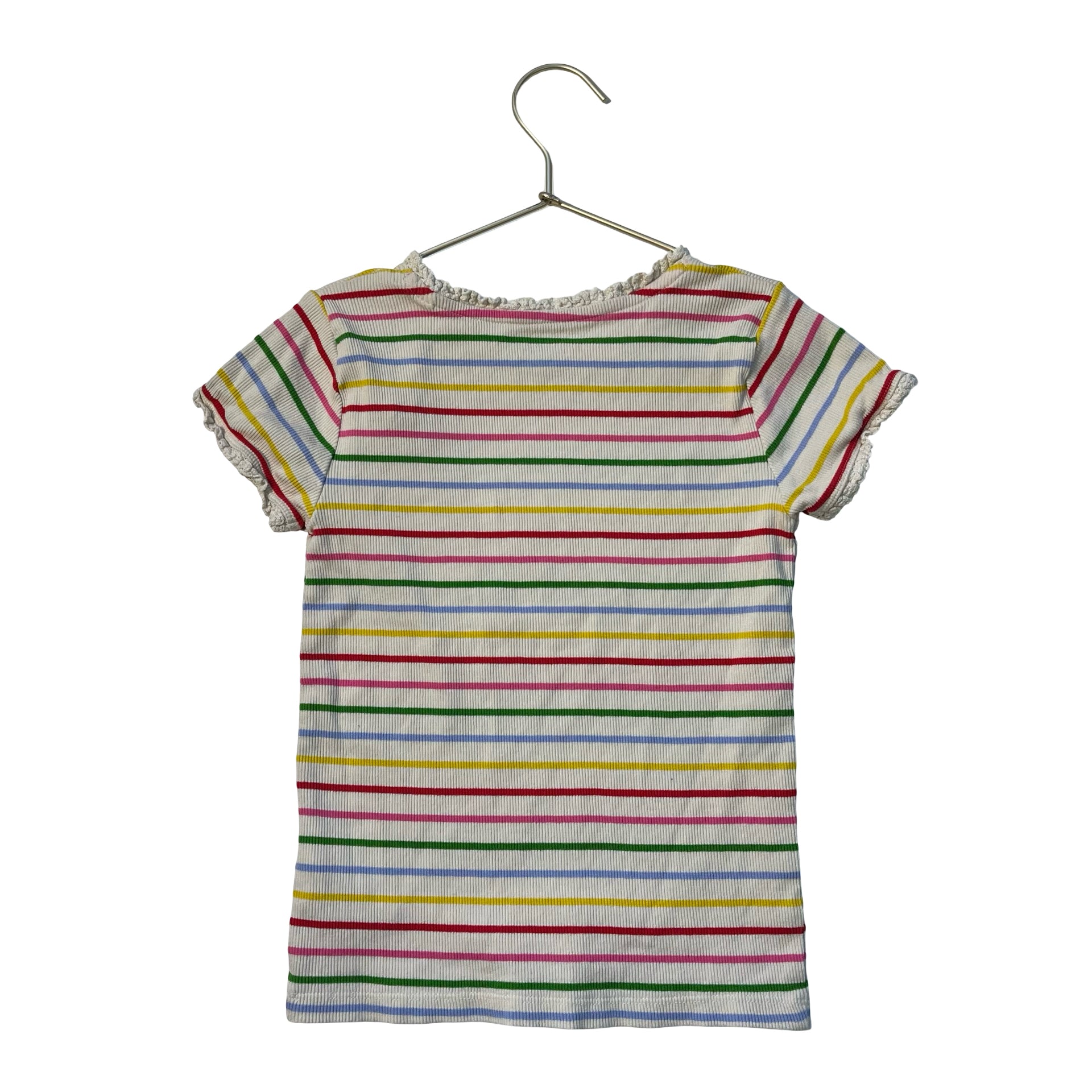 Mini Boden Ivory & Rainbow Striped Ribbed T-Shirt - Size 8-9Y