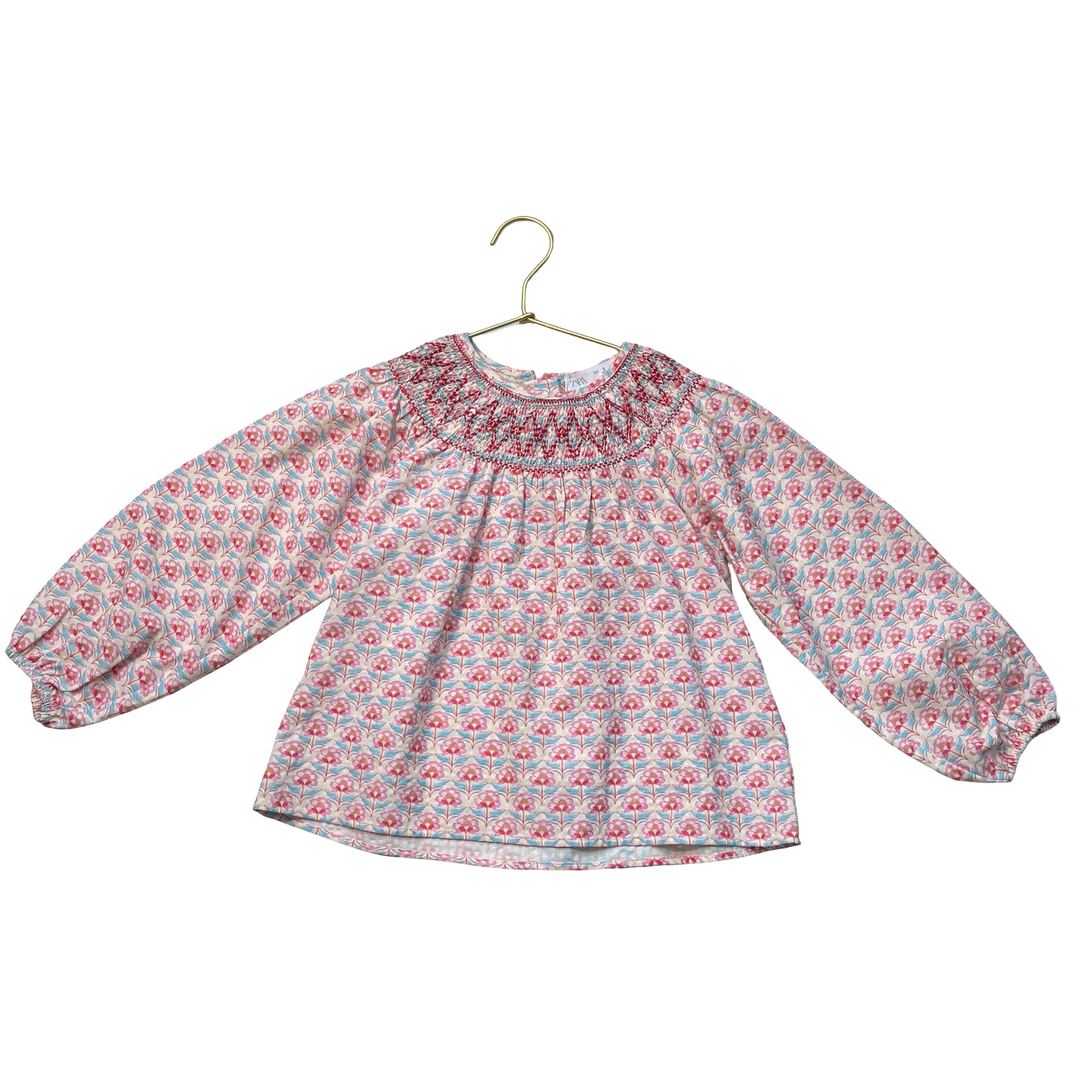 Zara Peach, Pink, Blue Floral Smocked Blouse - Size 5