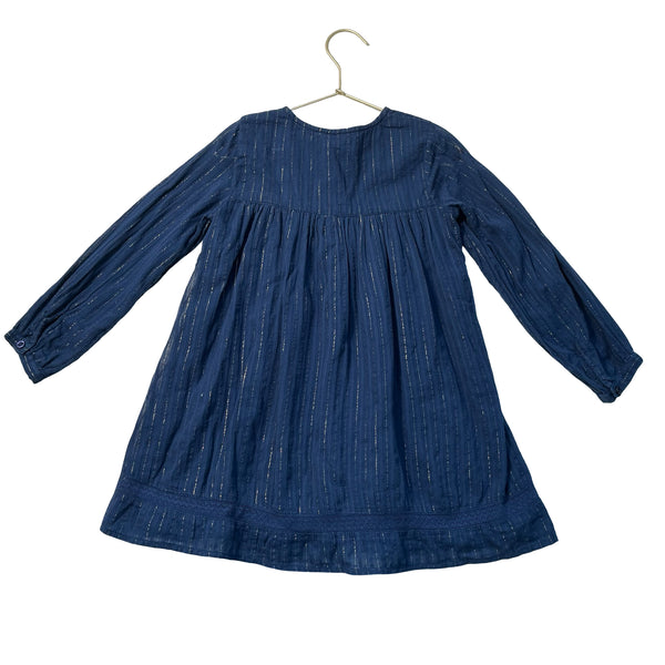 Peek Navy & Gold Metallic Stripe Embroidered Flower Dress - Size 4-5