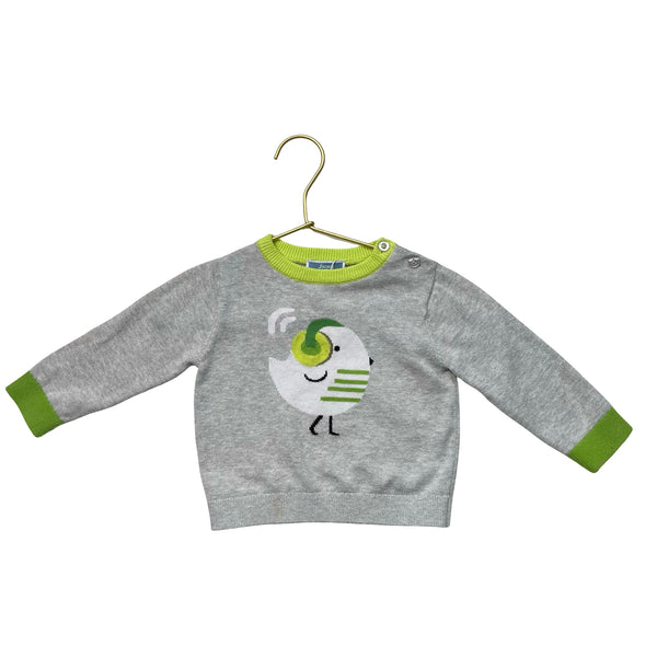 Jacadi Gray & Green Headphone Bird Sweater - Size 12 Mo