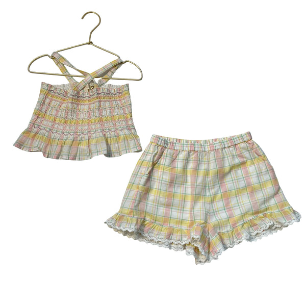 Louise Misha Yellow & Pastel Plaid Smocked Tank & Shorts Set - Size 7Y
