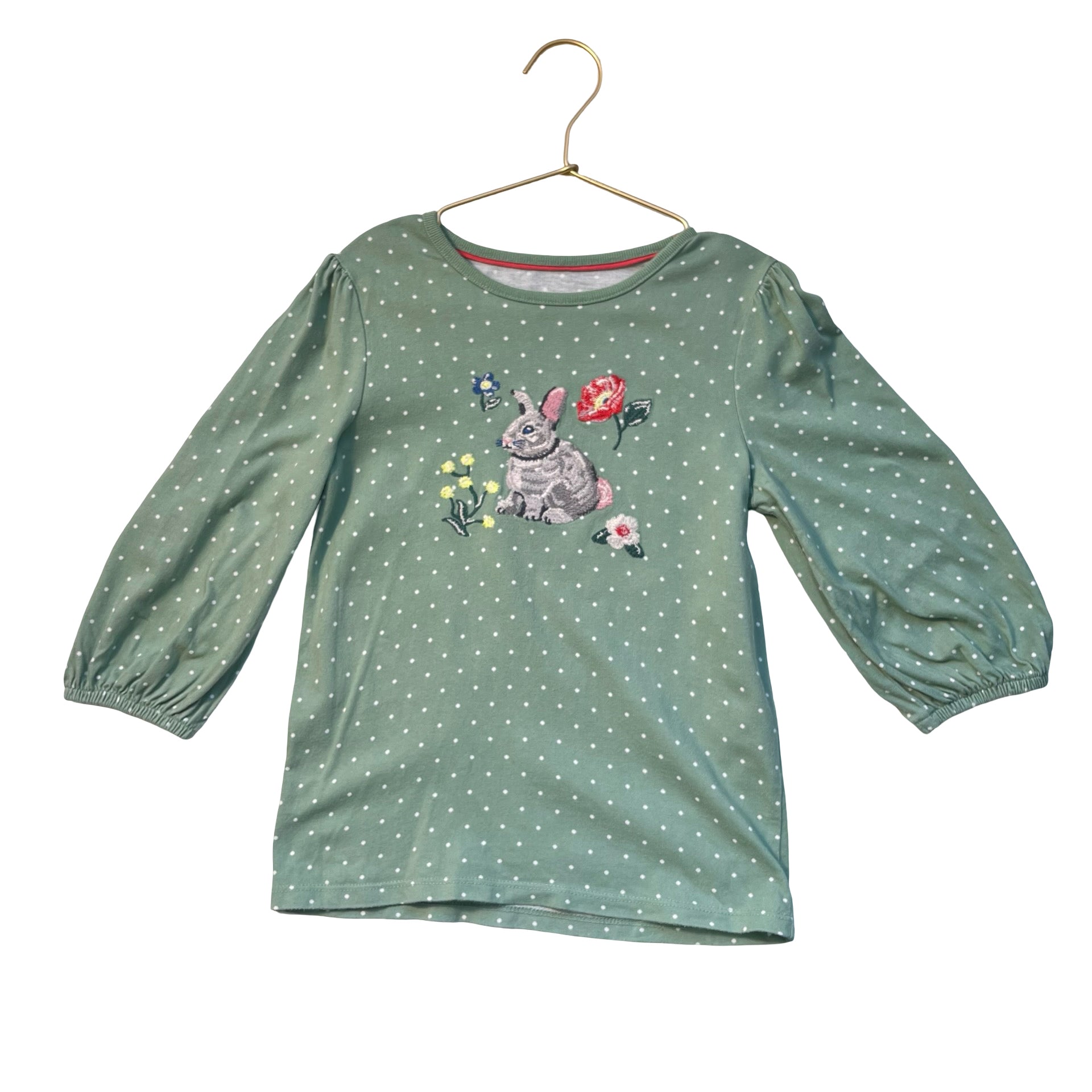 Mini Boden Green Polka Top Embroidered Bunny Shirt - Size 6-7