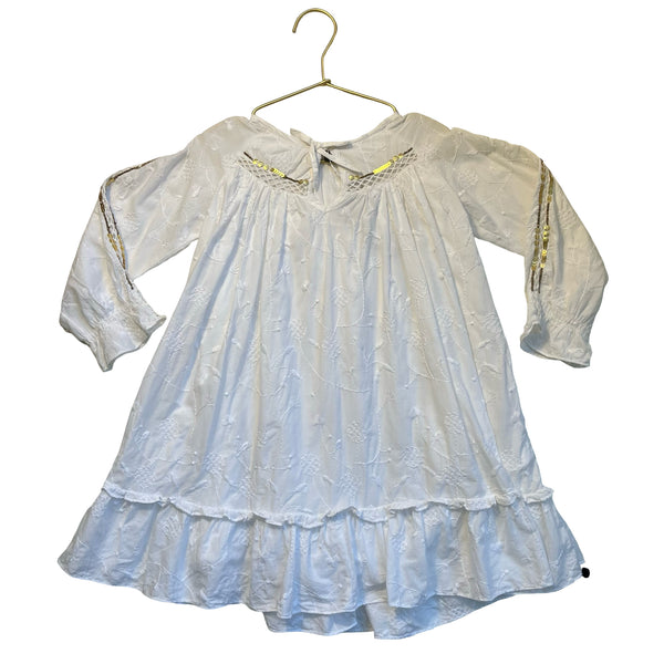 Velveteen White Embroidered & Gold Sequin Dress - Size 5Y