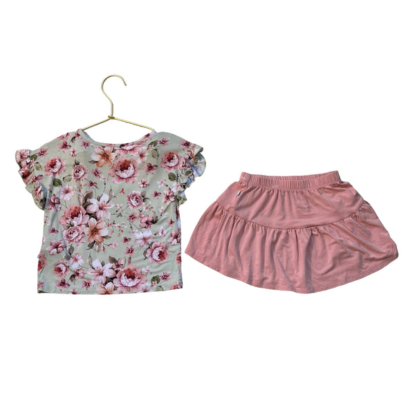 Posh Peanut Pink Skirt & Green Flower Print Top Set - Size 2T