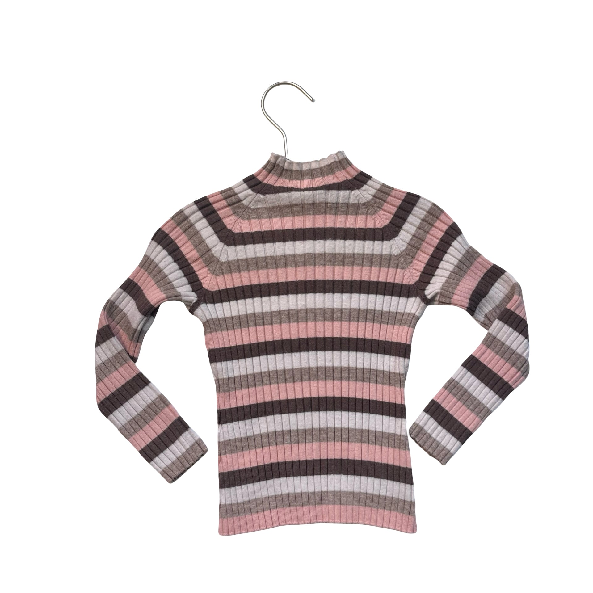 Mayoral Ivory, Tan, Brown, Pink Striped Knit Ribbed Mock Neck Shirt - Size 5