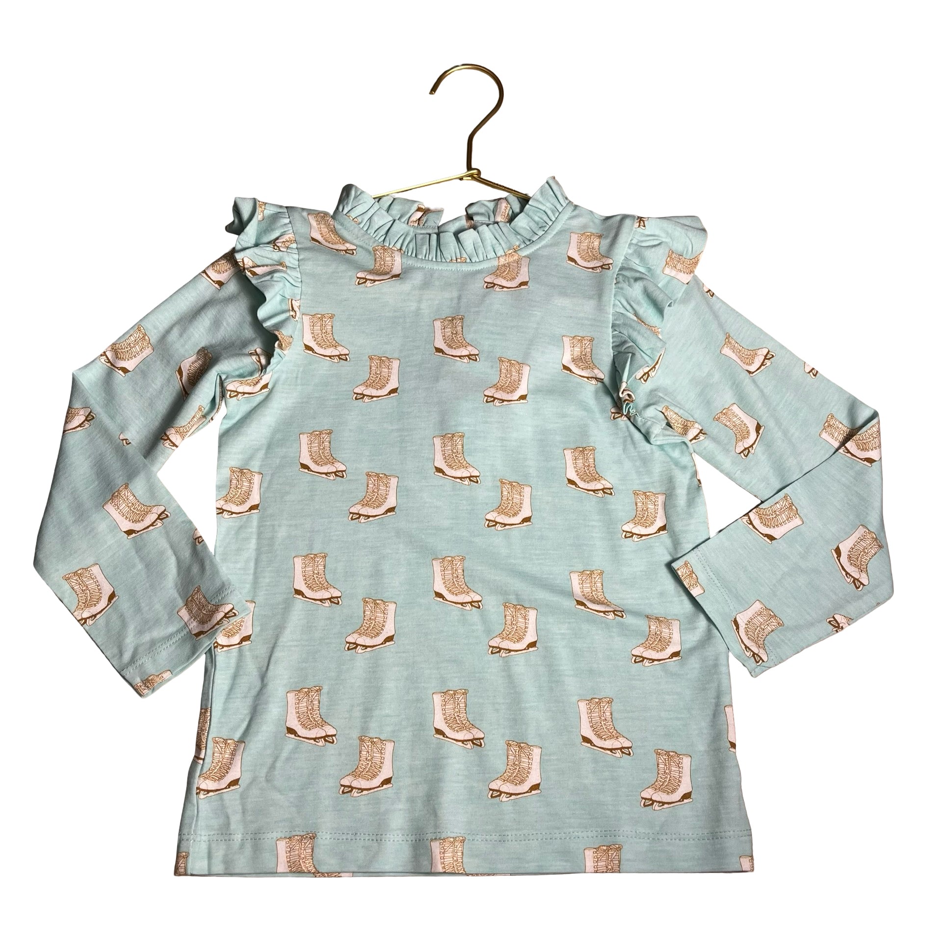 Kate Quinn Teal Ice-Skate Print Ruffle Shirt - Size 5Y