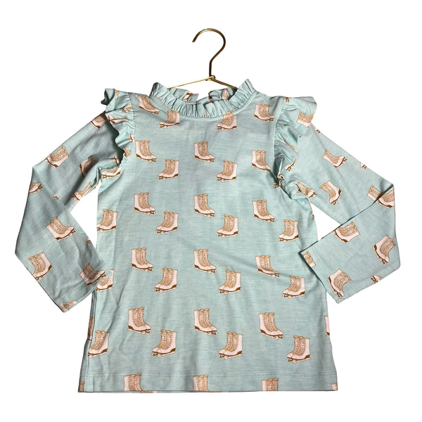 Kate Quinn Teal Ice-Skate Print Ruffle Shirt - Size 5Y