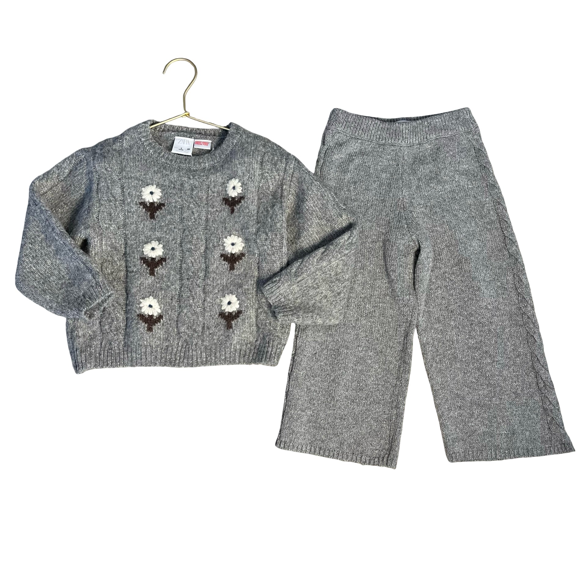 Zara Gray Embroidered Flower Sweater & Knit Pants Set - Size 3