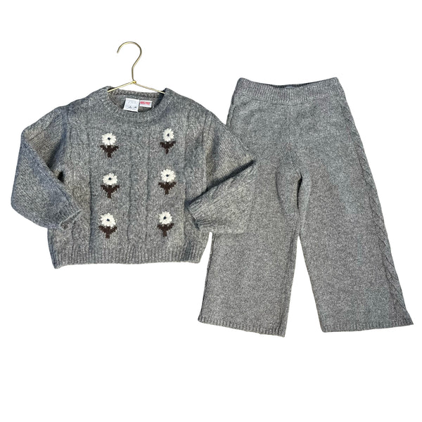 Zara Gray Embroidered Flower Sweater & Knit Pants Set - Size 3