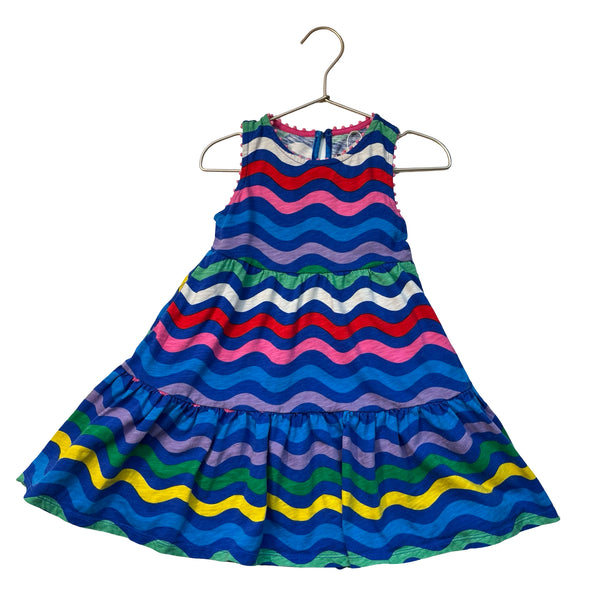 Mini Boden Blue & Rainbow Wavy Striped Dress - Size 4-5